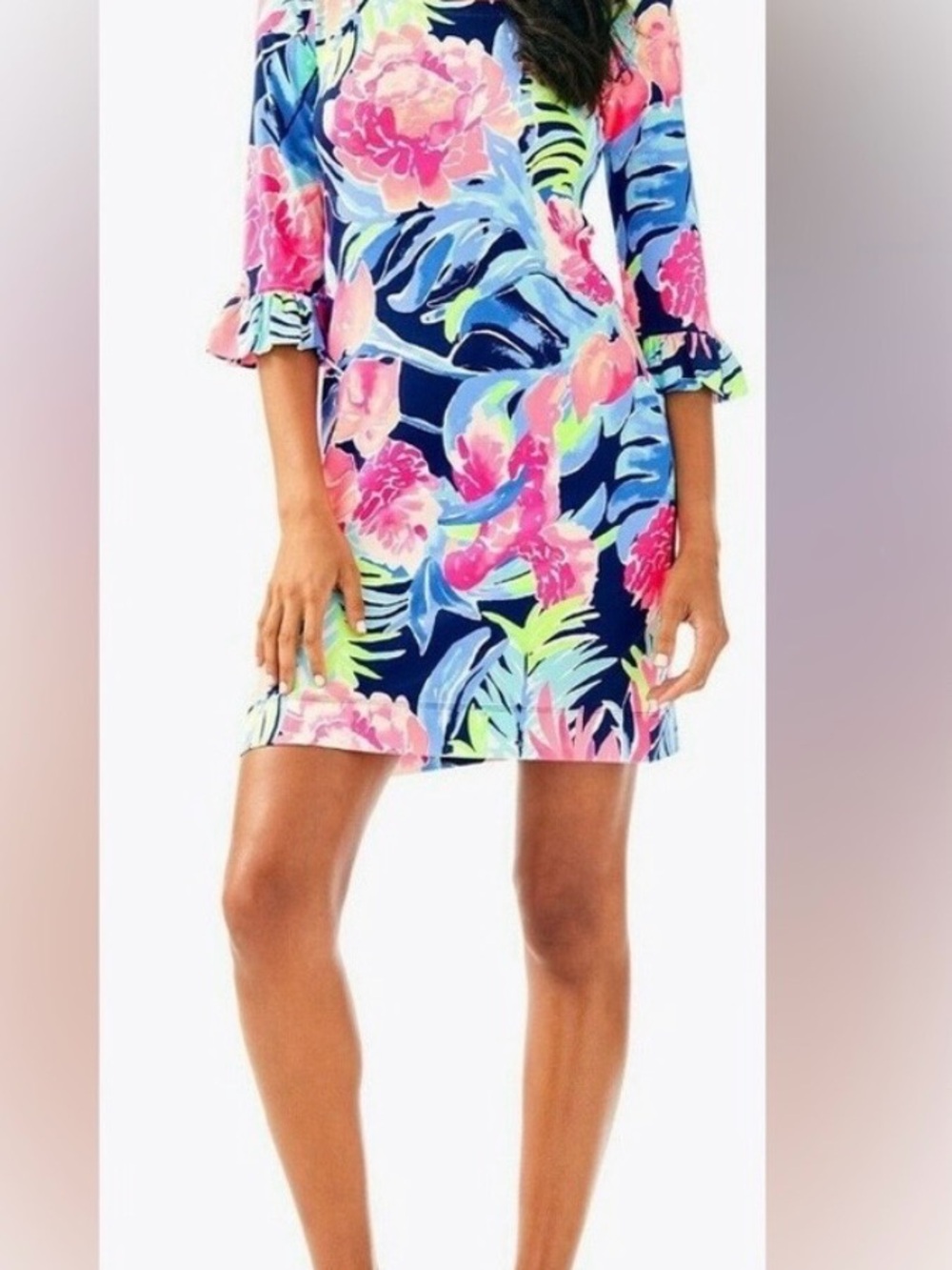 EUC, Size S, Lilly Pulitzer Navy Dress with Pink Floral Print and Ruffle sleeves
